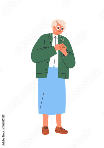 Elderly woman standing, thinking with hands at heart. Senior old aged lady cherishing memories, caring gesture. Kind granny, elder female. Flat vector illustration isolated on white background