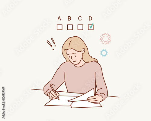 A student selecting answers on a test. Hand drawn style vector design illustrations.