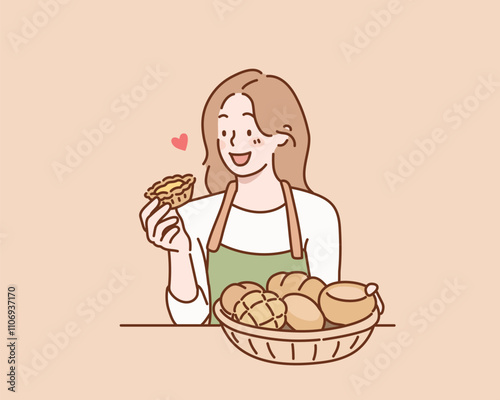 Smiling woman holding basket with bread. Hand drawn style vector design illustrations.