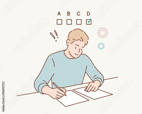 A student selecting answers on a test. Hand drawn style vector design illustrations.