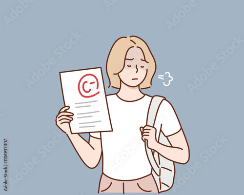 A student holding a test paper with a C- grade. Hand drawn style vector design illustrations.