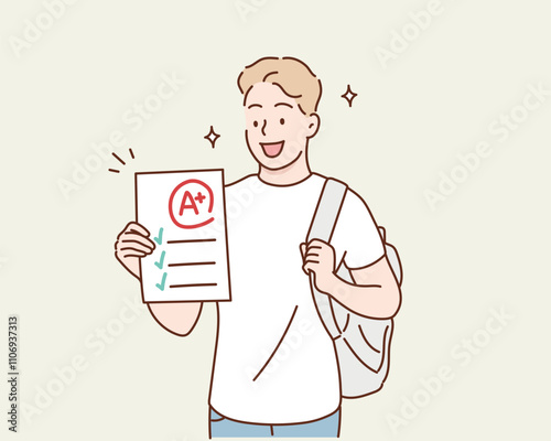 A student proudly holding a test paper with an A+ grade. student who did well on a test. Hand drawn style vector design illustrations.