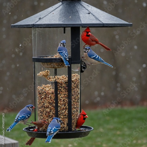 A bird feeder attracting cardinals and blue jays in a backyard. photo