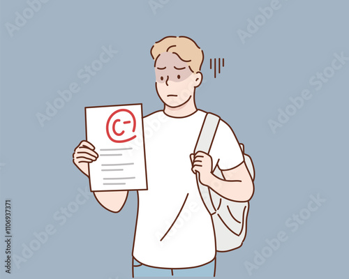 A student holding a test paper with a C- grade. Hand drawn style vector design illustrations.