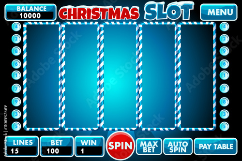 Casino slot machine, game UI design, gambling mobile app concept for the Christmas or candy themed Casino Game. The Christmas slot game user interface with basic buttons in blue color