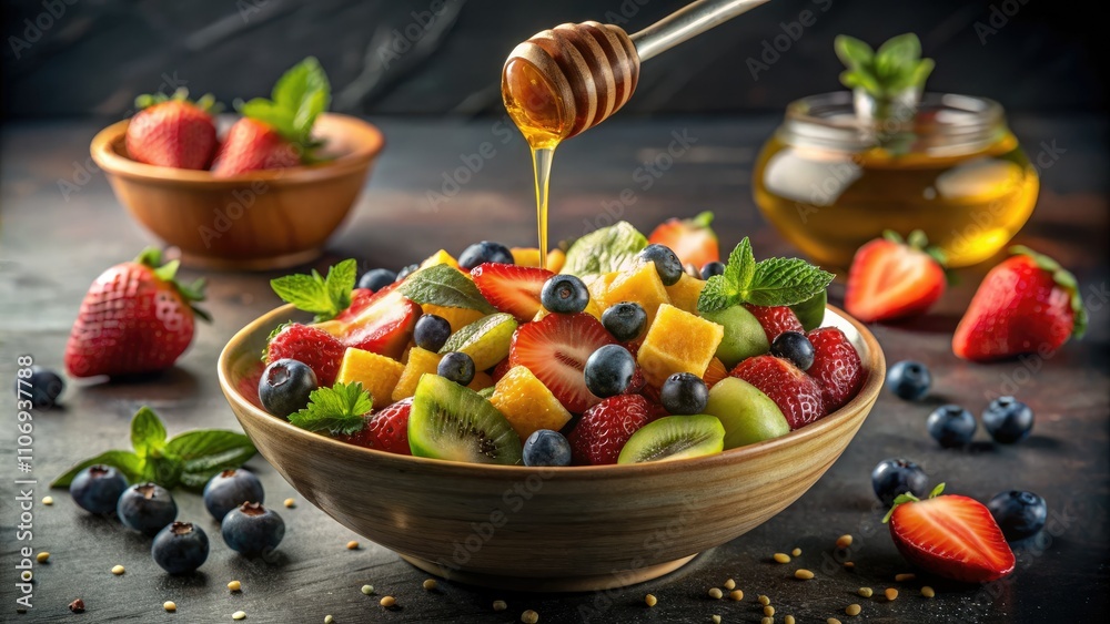 Pouring Honey Over Fresh Fruit Salad in Minimalist Style: A Delicious and Healthy Treat for Any Occasion Pouring Honey Over Fresh Fruit Salad in Minimalist Style: A Delicious and Healthy Treat for Any Occasion
