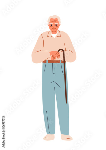 Elderly man standing with walking cane in hands. Old senior aged person, wrinkled older male character, sad and thoughtful, holding stick. Flat vector illustration isolated on white background