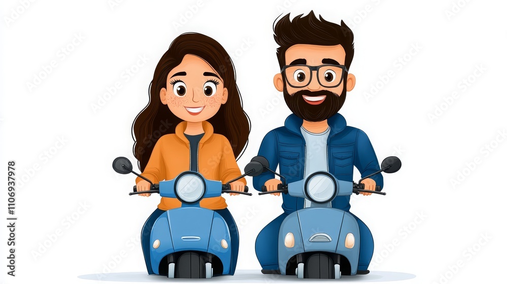 Couple Enjoying a Ride on Scooters Isolated on White Background