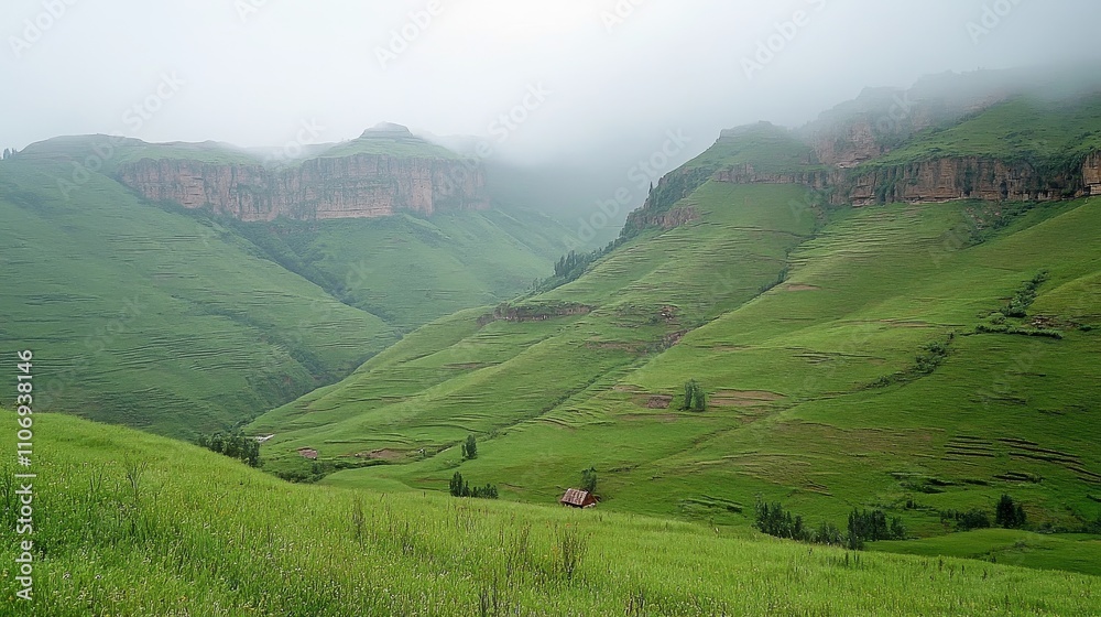 Obraz premium Misty Mountain Valley with Green Vegetation and Scattered Homes