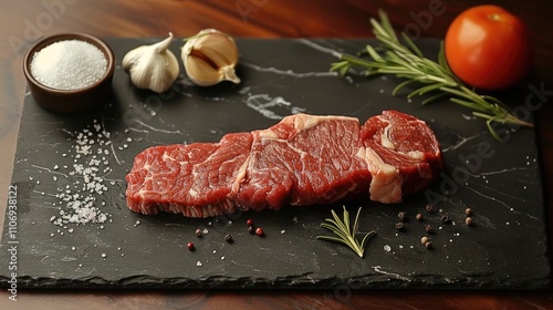 Top down view of steak related ingredients on black slate. photo