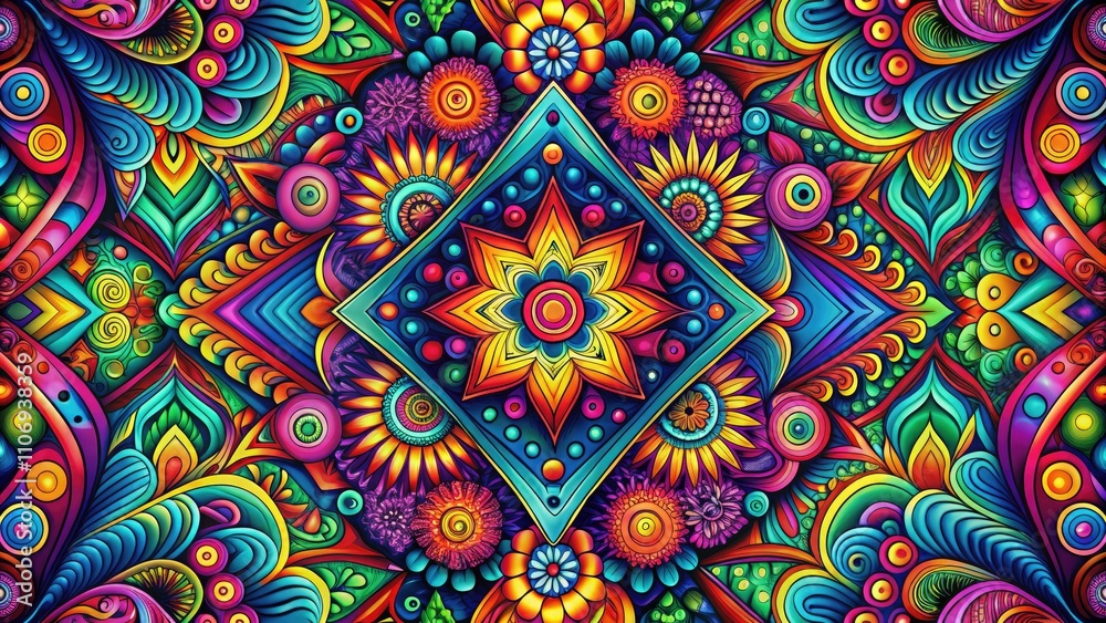 Psychedelic Seamless Pattern with Geometric Shapes and Abstract Elements in a Trippy Style, Perfect for Modern Art, Textiles, and Backgrounds, Vivid Colors and Surreal Designs Psychedelic Seamless Pattern with Geometric Shapes and Abstract Elements in a Trippy Style, Perfect for Modern Art, Textiles, and Backgrounds, Vivid Colors and Surreal Designs