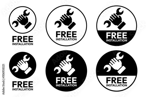 Free installation with hand and spanner icon set. Install, upgrade, fix, repair service icons. Free installation logo, label, badge, symbol, emblem, stamp, black, line, vector isolated illustration.