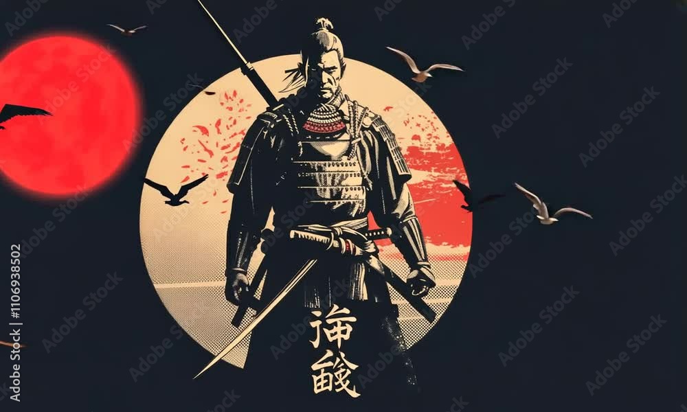 A samurai warrior in full armor stands against a red sun and a black ...