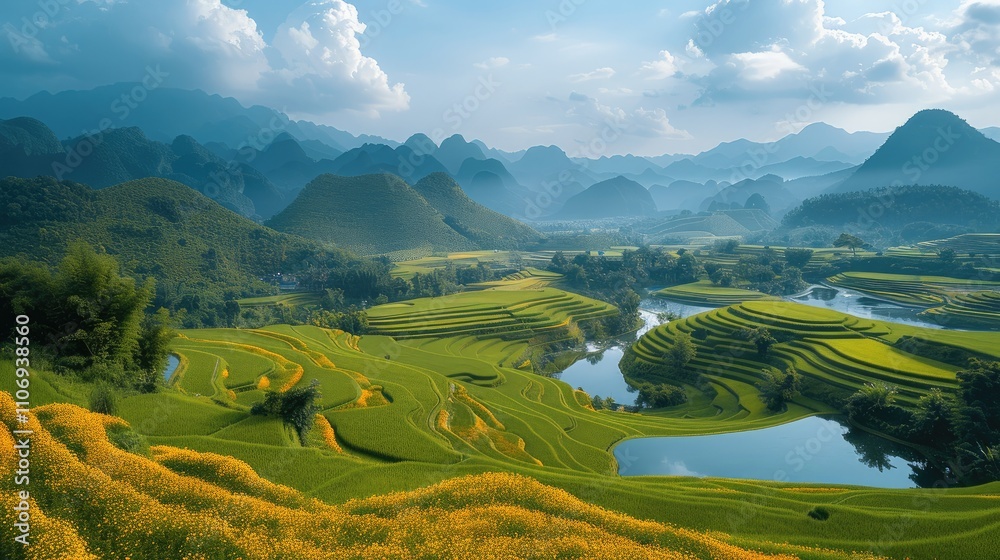 The terraced rice fields, in full bloom with golden yellow hues, set against the backdrop of majestic mountains and lush greenery. The terraced rice fields, in full bloom with golden yellow hues, set against the backdrop of majestic mountains and lush greenery.