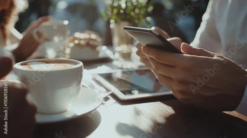 A person using a smartphone at a caf? table with coffee and a tablet.