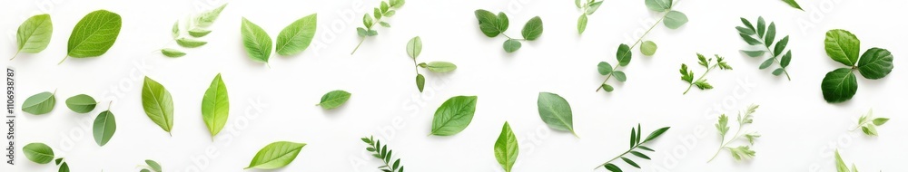 Fresh Green Leaves on White Background Layout Fresh Green Leaves on White Background Layout