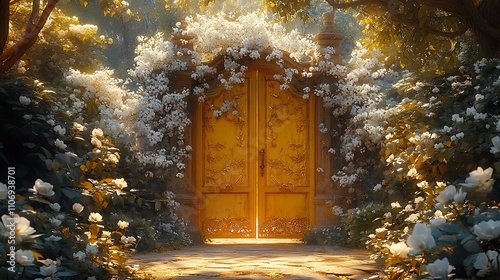 A golden-yellow gate with finely detailed floral carvings, wrapped in climbing jasmine with soft white blossoms, warm sunlight casting intricate shadows across the gate,