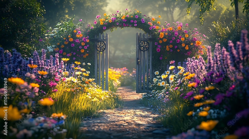 A lavender gate with carved daisy motifs, framed by an explosion of colorful wildflowers swaying in a gentle breeze, soft natural light highlighting the intricate details,