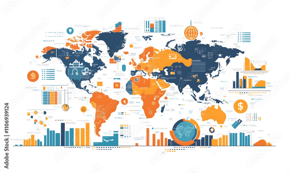 Naklejka premium Illustration using graphic media explores global business strategies using modern financial concepts.