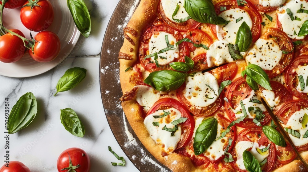 Savor a delightful Caprese pizza showcasing tomatoes, mozzarella, and basil from above Savor a delightful Caprese pizza showcasing tomatoes, mozzarella, and basil from above