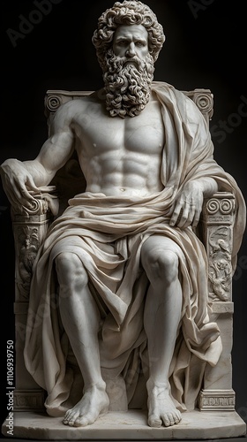 Zeus sits on a stone throne in an ultra-realistic style his imposing figure detailed with a flowing beard