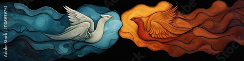 A striking illustration of a white swan and a fiery orange phoenix, symbolizing harmony and contrast.