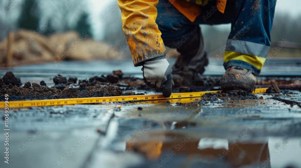 A worker carefully measuring and marking the exact location for piling installation with a level tool. A worker carefully measuring and marking the exact location for piling installation with a level tool.