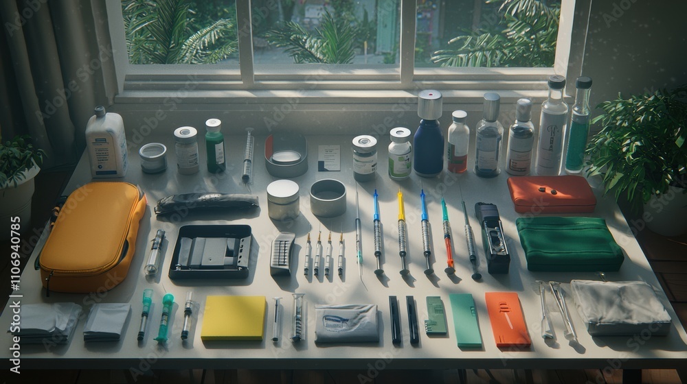 Organized medical supplies and tools on a table indoor space still life natural light health focus Organized medical supplies and tools on a table indoor space still life natural light health focus