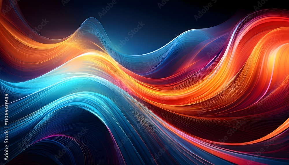 Radiant abstract waves in bold colors creating movement on a darkened backdrop Radiant abstract waves in bold colors creating movement on a darkened backdrop
