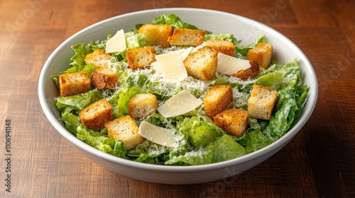 Fresh Caesar salad in a white bowl on a wooden table.