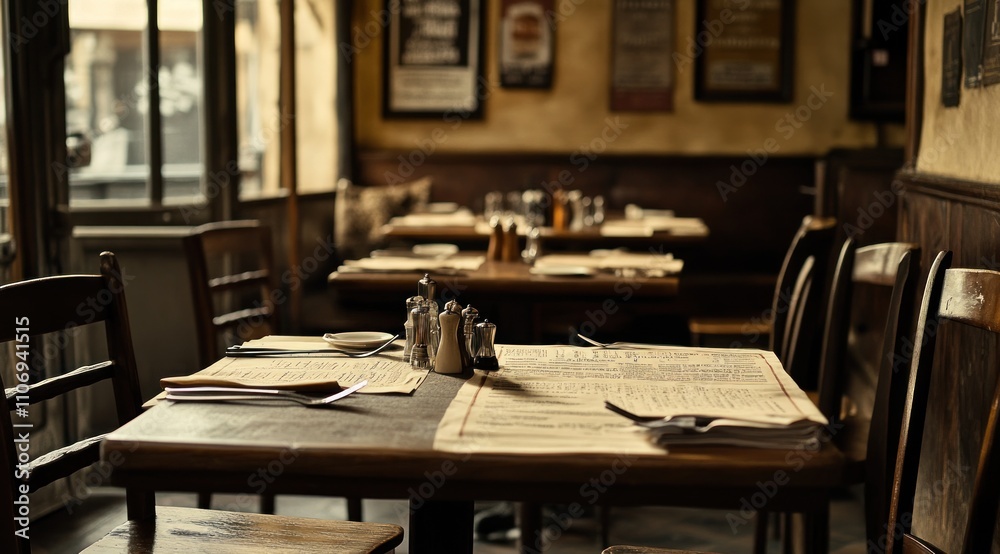 A cozy restaurant interior with tables set for dining and a warm ambiance. A cozy restaurant interior with tables set for dining and a warm ambiance.