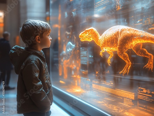 A boy gazes in awe at a glowing dinosaur display, blending technology and imagination in a captivating museum setting.