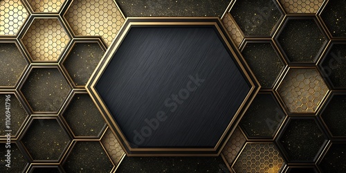 Abstract Gold and Black Hexagon Pattern with Central Blank Space for Text or Logo