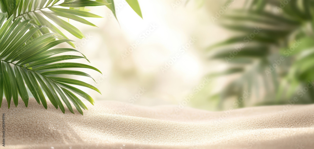 Lush tropical palm leaves create serene atmosphere on sandy ground