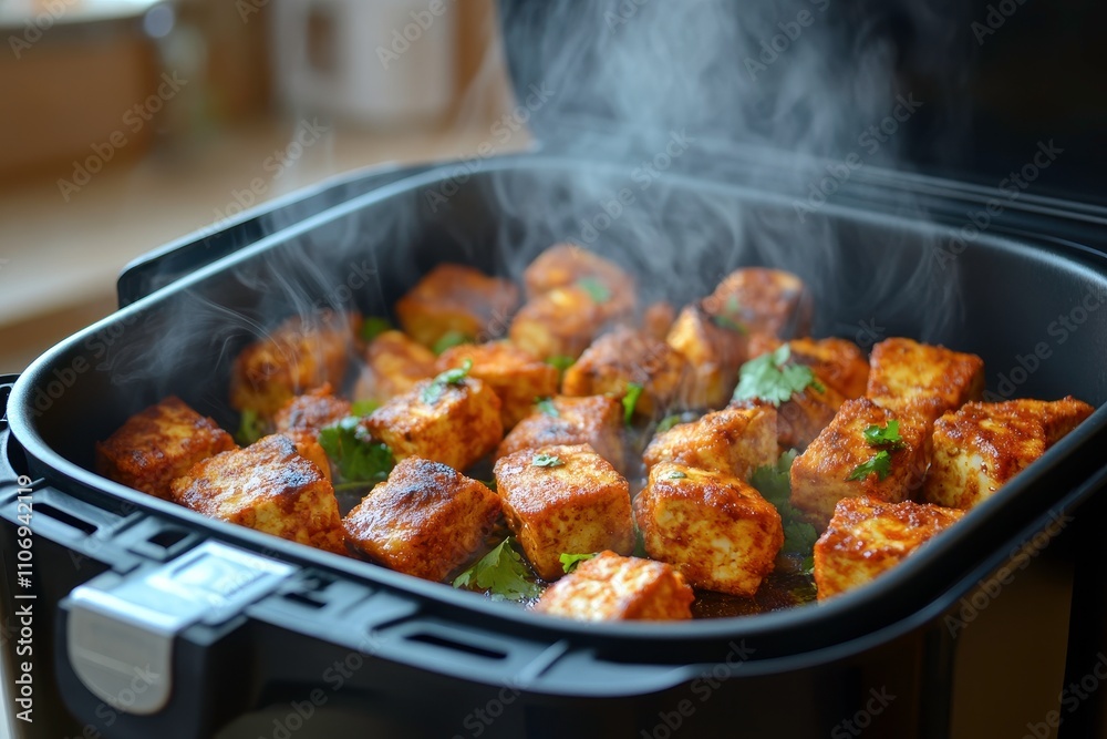 Deliciously Golden and Crispy Paneer Cubes Cooking in a Steaming Hot Air Fryer, Garnished with Fresh Green Herbs for a Flavorful Dish Deliciously Golden and Crispy Paneer Cubes Cooking in a Steaming Hot Air Fryer, Garnished with Fresh Green Herbs for a Flavorful Dish