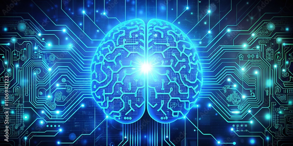 Futuristic Brain Circuit Design Representing Artificial Intelligence with a Blue Color Palette and a Focus on Neural Connections, Perfectly Composed Using the Rule of Thirds Futuristic Brain Circuit Design Representing Artificial Intelligence with a Blue Color Palette and a Focus on Neural Connections, Perfectly Composed Using the Rule of Thirds