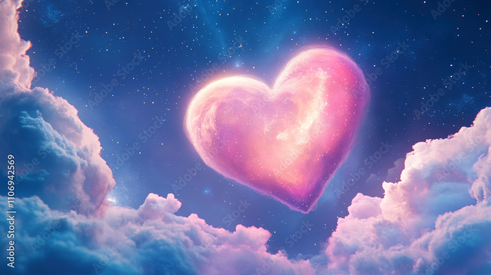 Glowing heart in magical starry sky surrounded by dreamy clouds Glowing heart in magical starry sky surrounded by dreamy clouds