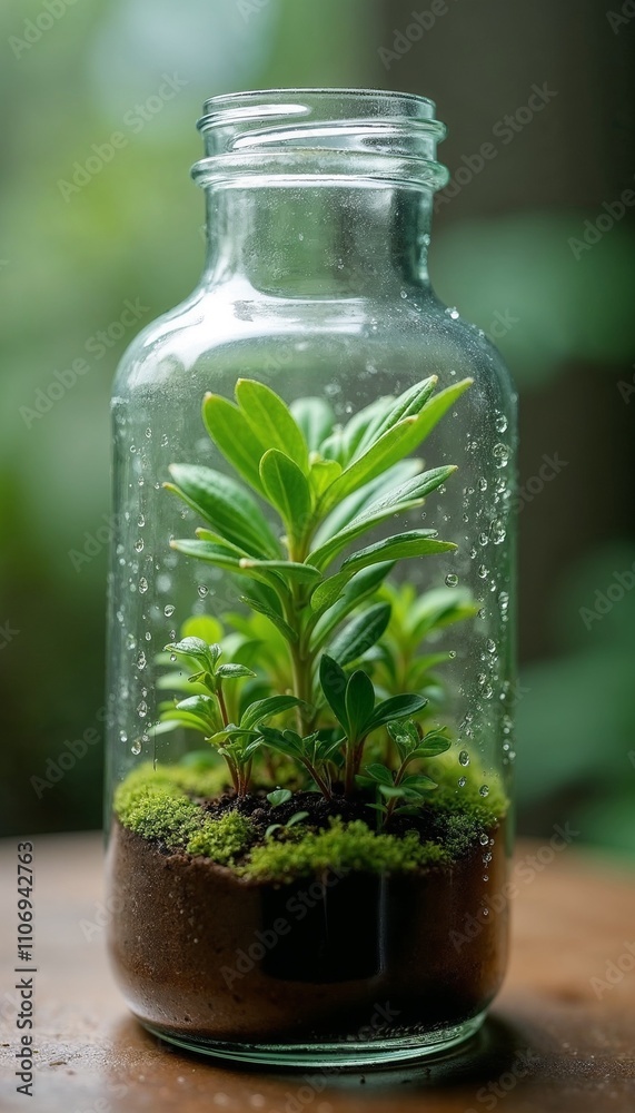 Lush terrarium with vibrant green plants and moisture droplets in glass jar for indoor gardening and decor Lush terrarium with vibrant green plants and moisture droplets in glass jar for indoor gardening and decor