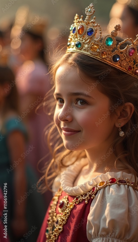 Young girl wearing a royal crown and colorful gown, smiling sweetly during a festive event for celebration themes Young girl wearing a royal crown and colorful gown, smiling sweetly during a festive event for celebration themes