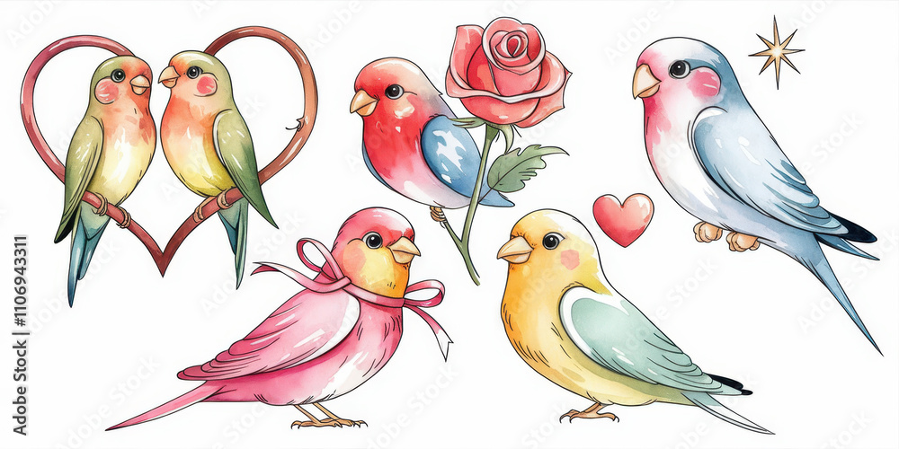 Obraz premium Lovebirds Watercolor Illustration: A collection of adorable lovebirds in vibrant watercolor hues, perfect for Valentine's Day, wedding stationery, or any project that needs a touch of love and whimsy.