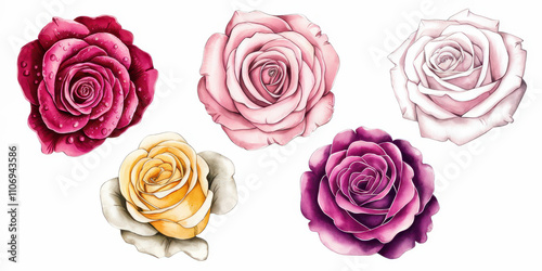 Watercolor Roses Collection: A delicate arrangement of five vibrant watercolor roses in various shades of pink, purple, red, and yellow. Each bloom is rendered with intricate detail.