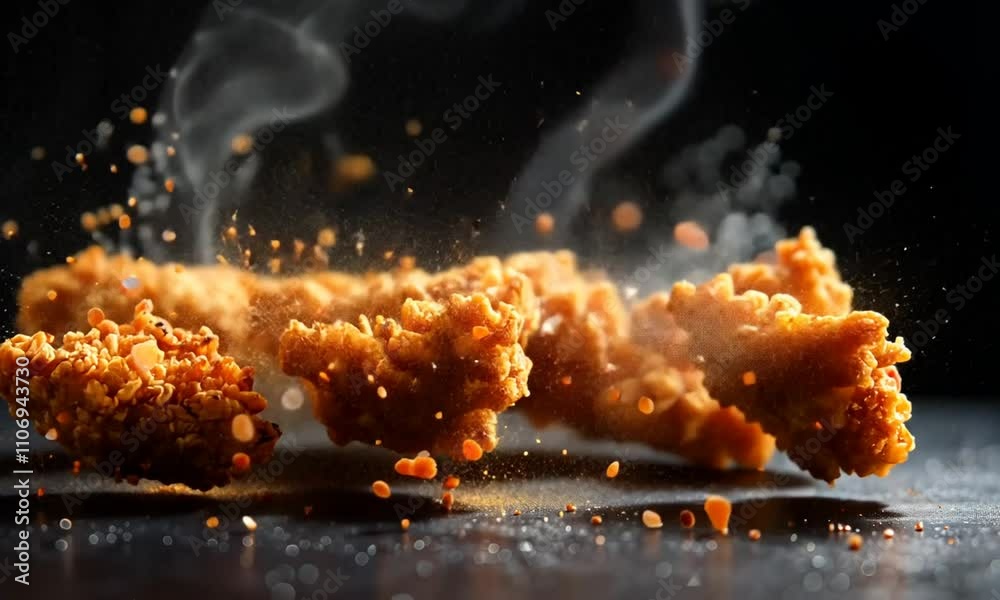 Close-up of golden particles falling on dark surface. Close-up of golden particles falling on dark surface.