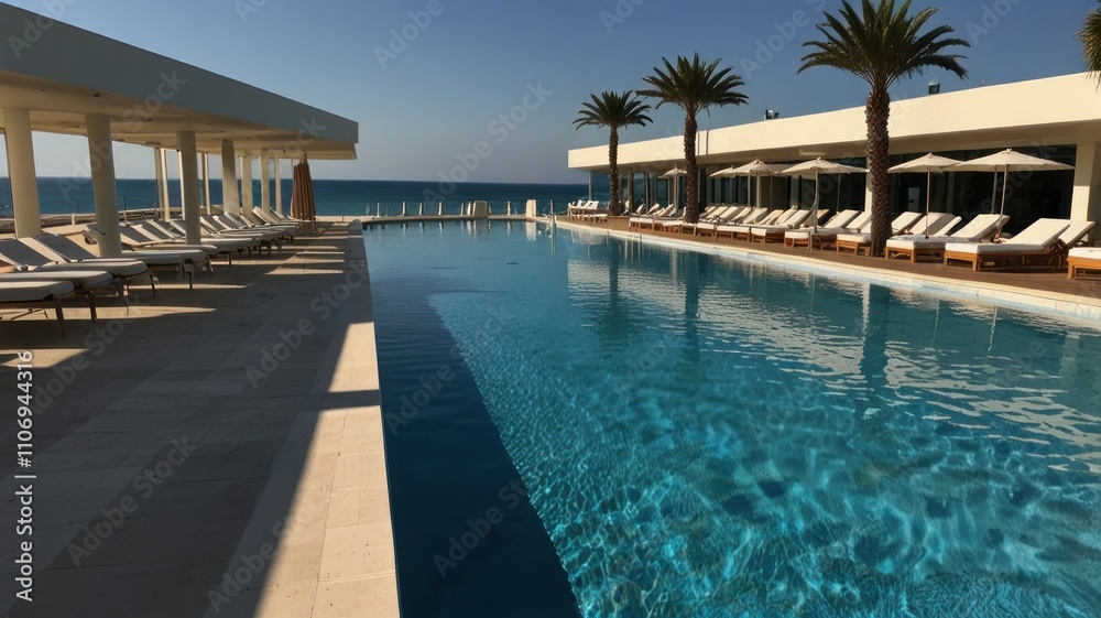 Fototapeta premium Luxury resort pool with ocean view, lounge chairs, and palm trees.