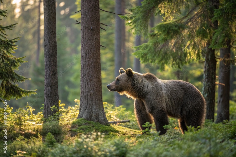 Wild Brown Bear (Ursus Arctos) in the summer forest. Animal in natural habitat. Wildlife scene Wild Brown Bear (Ursus Arctos) in the summer forest. Animal in natural habitat. Wildlife scene
