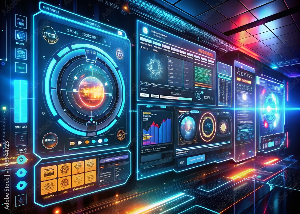 Obraz premium Futuristic HUD Screens for GUI UI Design, Virtual Reality, Cyberspace, Digital Templates, High-Tech Callout Bars and Labels, Windows Collection in Macro Photography Style