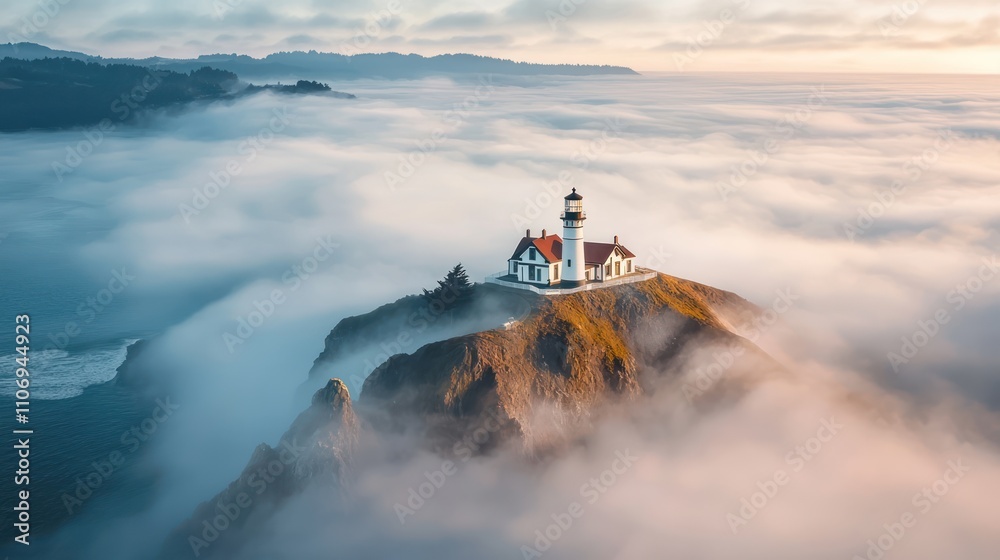 Fototapeta premium A serene lighthouse perched on a rocky cliff, surrounded by misty clouds and a soft sunrise, offering a tranquil coastal scene.