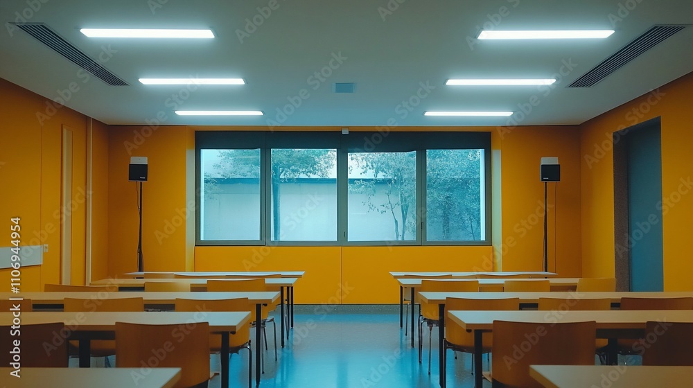 A modern classroom with rows of desks and large windows. A modern classroom with rows of desks and large windows.