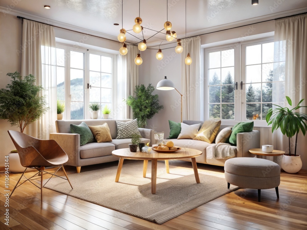 Scandinavian Living Room Bokeh, Modern Sofa, Round Wooden Table, White Wall, Window, Interior Design Scandinavian Living Room Bokeh, Modern Sofa, Round Wooden Table, White Wall, Window, Interior Design