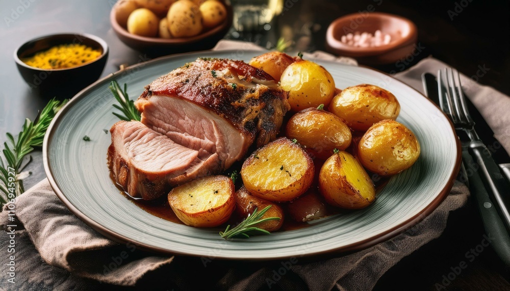 roast pork with potatoes on white background roast pork with potatoes on white background