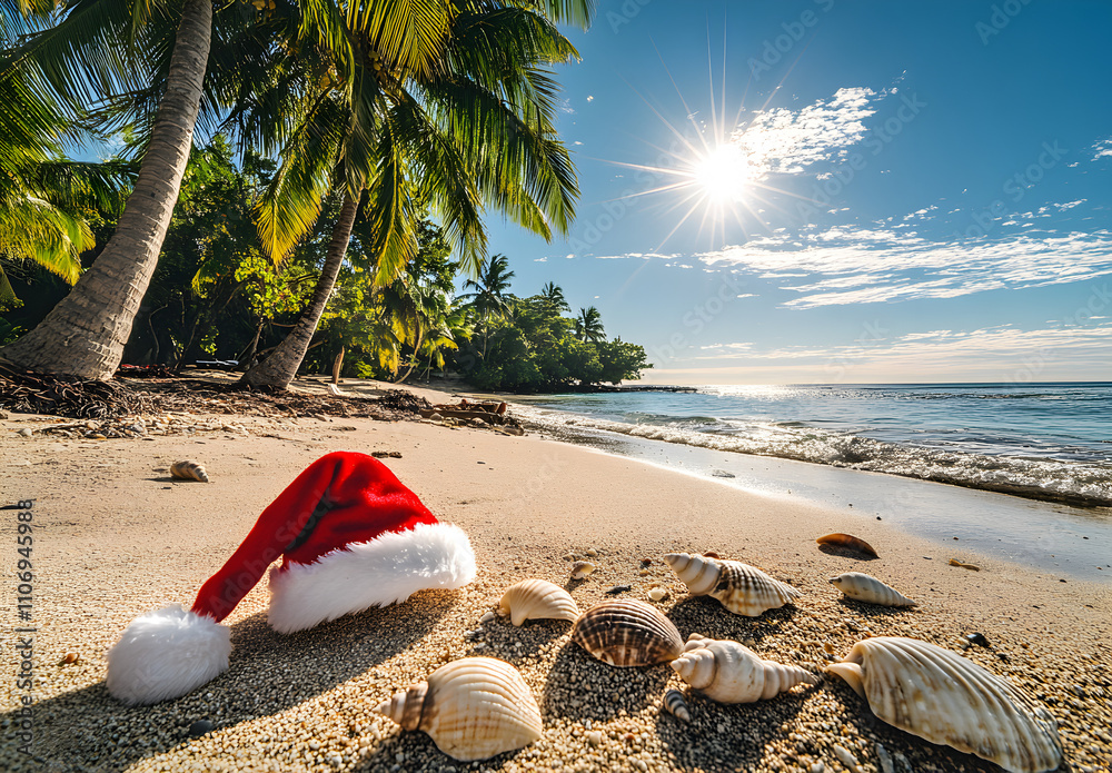 A Santa hat and seashells on the beach with palm trees in front of an ocean view. A Santa hat and seashells on the beach with palm trees in front of an ocean view.